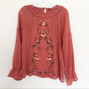 Umgee Pink Embroidered Floral Boho Peasant Blouse Small